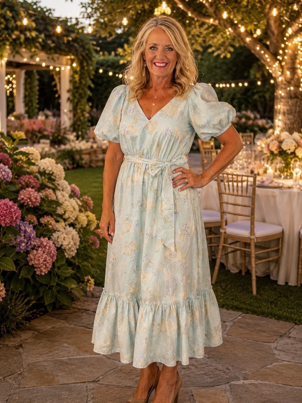 LoveShackFancy Pastel Blue Floral Puff-Sleeve Maxi Dress Size 8
